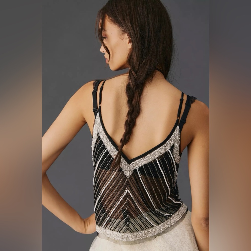 By Anthropologie Embellished Stripe Cami, Black Beads and Silver, Size M - Picture 6 of 14